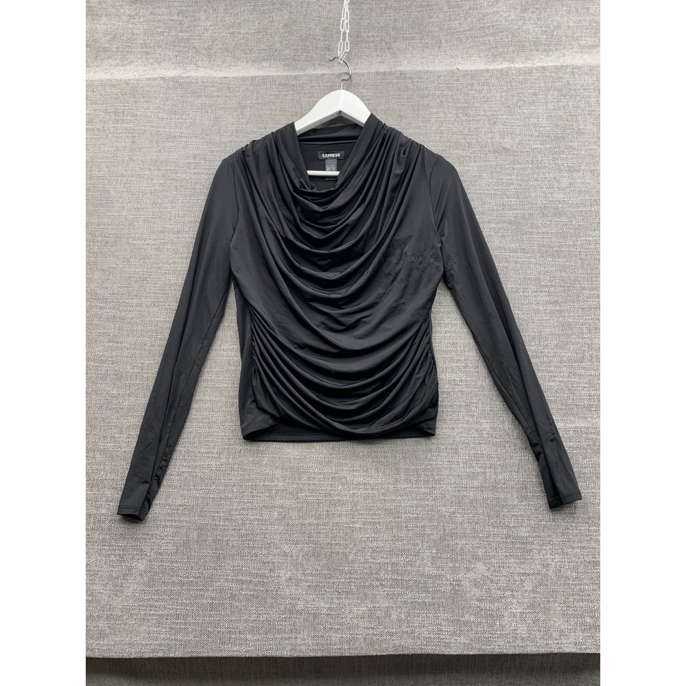 Express Conscious Edit Blouse Top Womens Small Black Draped Front Long Sleeve